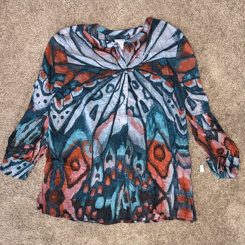 Chico's Vibrant Teal and Rust Abstract Blouse